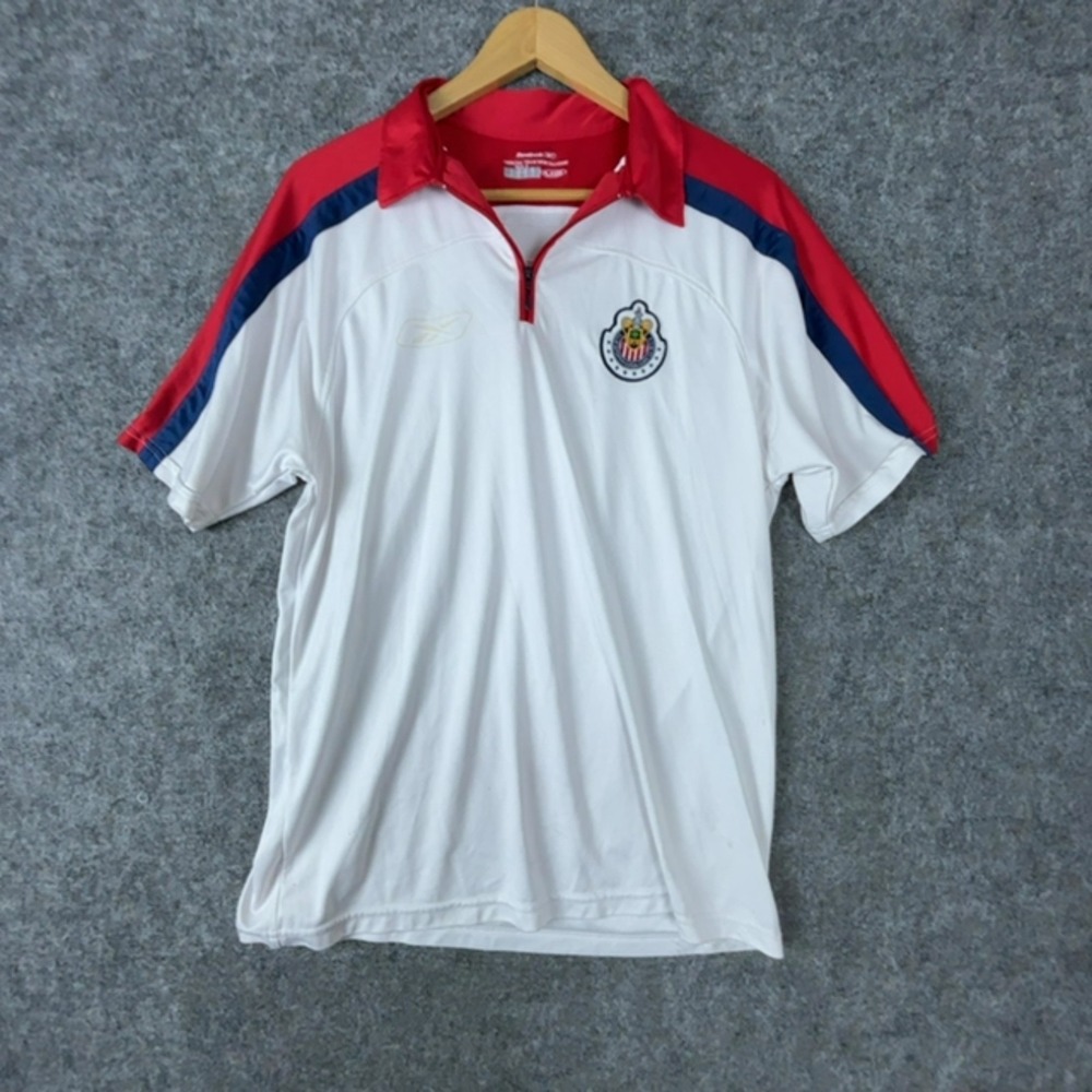 Reebok Polo Shirt Mens M White Chivas Guadalajara Soccer Short Sleeve Zip